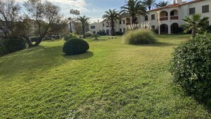Un cortile curato con prato, palme e un edificio con finestre ad arco e tetto in tegole.