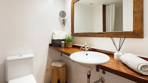 A bathroom with a white toilet, a wooden vanity with a white sink, a mirror, and a small potted plant. - Columbus Apartment, - One Bedroom Apartment, Sleeps 2 (Barcelona)