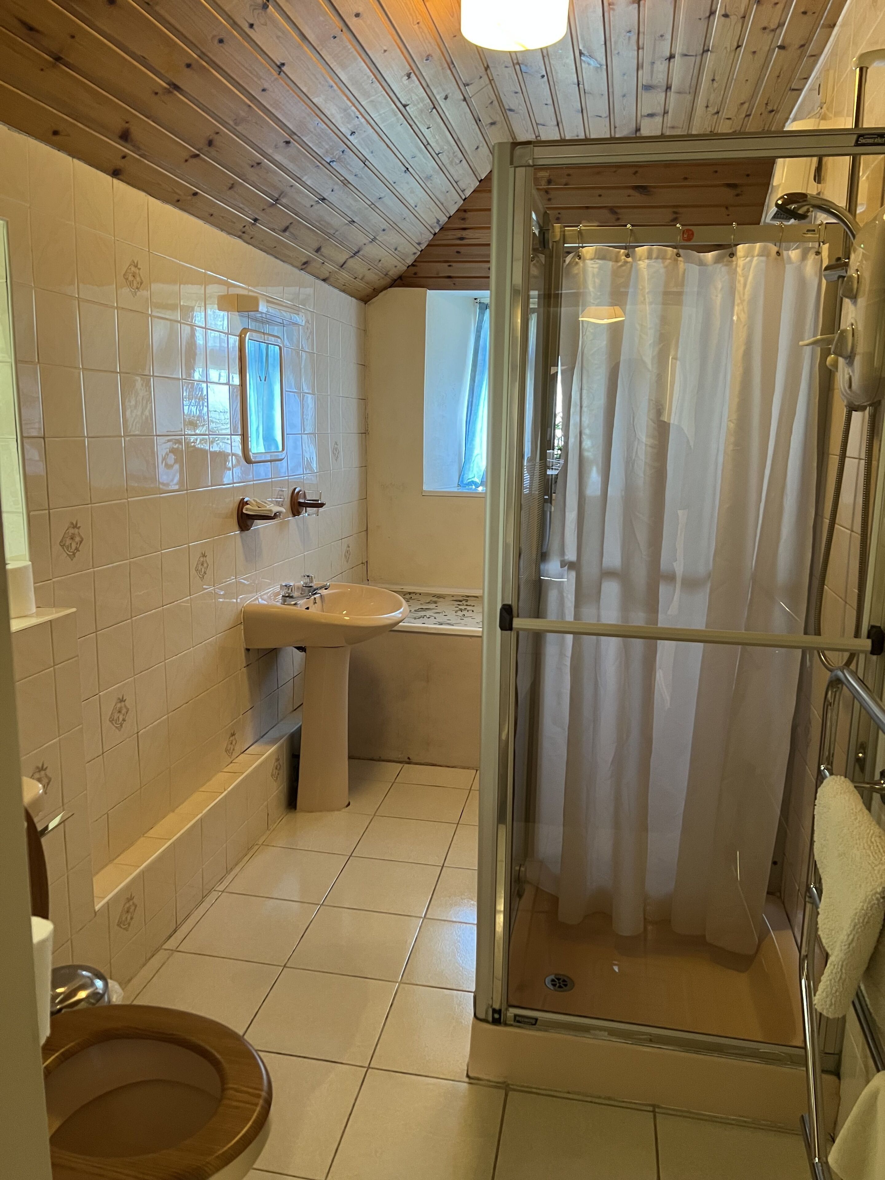 Une salle de bain avec un plafond en bois, une cabine de douche en verre, un lavabo et des toilettes.
