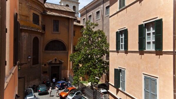 A narrow street with parked cars and a tree in the middle.