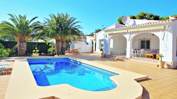 Una piscina con borde de azulejos, rodeada de palmeras y un patio con mobiliario de exterior.