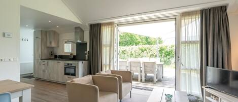 Televisión, chimenea, reproductor de DVD y estéreo