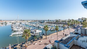 Un port de plaisance avec des bateaux amarrés, une promenade bordée de palmiers et un ciel dégagé.