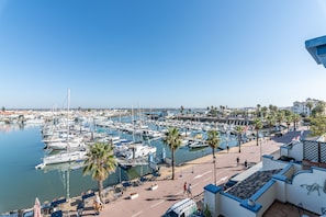 A marina with boats docked, a promenade with palm trees, and a clear sky.
