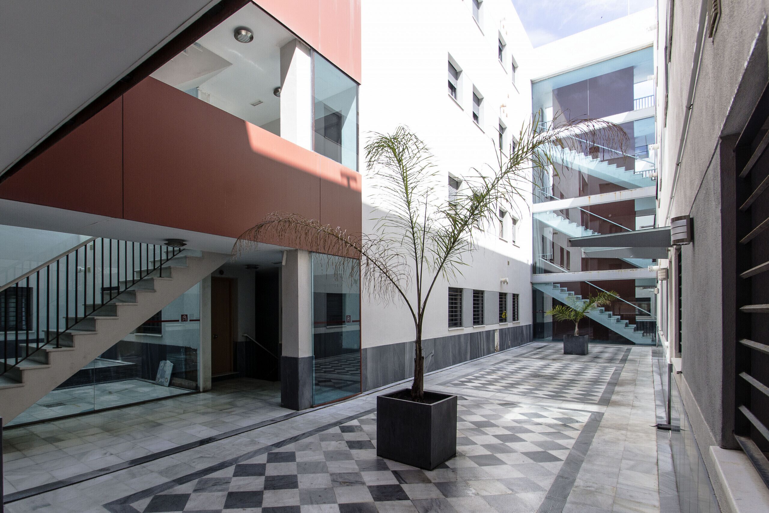Um edifício moderno com piso quadriculado, escada e planta em vaso.