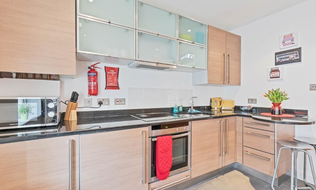 Fridge, microwave, toaster, cookware/dishes/utensils