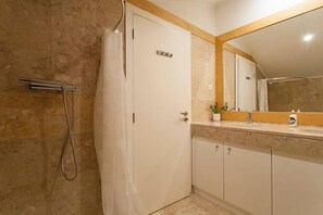 Chuveiro, secador de cabelo, toalhas de banho, papel higiênico