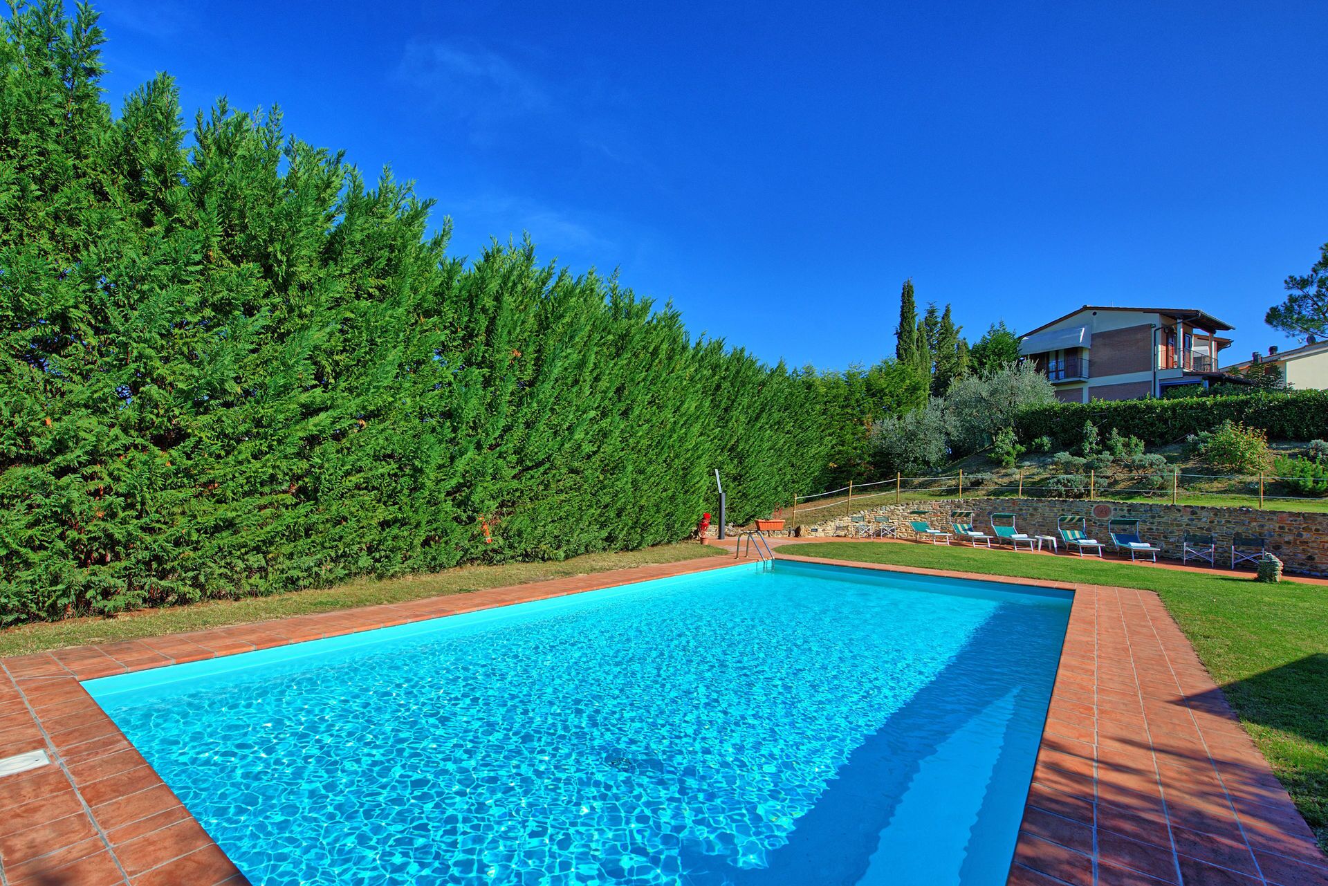 A rectangular swimming pool with clear blue water, surrounded by a brick border.
