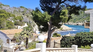 A coastal view with a stone pathway, a palm tree, and a building with a tiled roof. - Casa Luna - Javea, Costa Blanca (Javea)