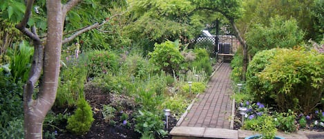 A garden pathway with steps leading to a gate, surrounded by various plants and trees.