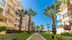 A pathway lined with palm trees and benches, leading to a building with balconies and a clear blue sky. - Las Dunas - Punta del Moral Beach PLHD141P160 (Punta del Moral)