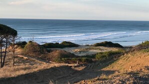 A coastal landscape with a clear view of the ocean, sandy terrain, and sparse vegetation. - Schooner Landing (Newport)