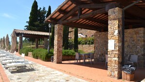 A covered outdoor seating area with stone pillars, a stone wall, and a pergola in the background. - Beautiful apartment for 5 people with pool, A/C, TV and panoramic view (Casalappi)