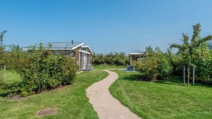Een pad dat leidt naar een modern huis met een schuin dak en grote ramen, omgeven door weelderige begroeiing.