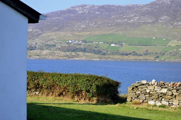 A view of a coastal landscape with a stone wall and a hedge in the foreground, a body of water, and a distant view of houses on a hillside.