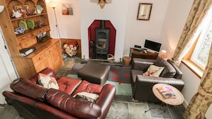 Una sala de estar acogedora con chimenea, sofás de cuero, un mueble de madera y un televisor.