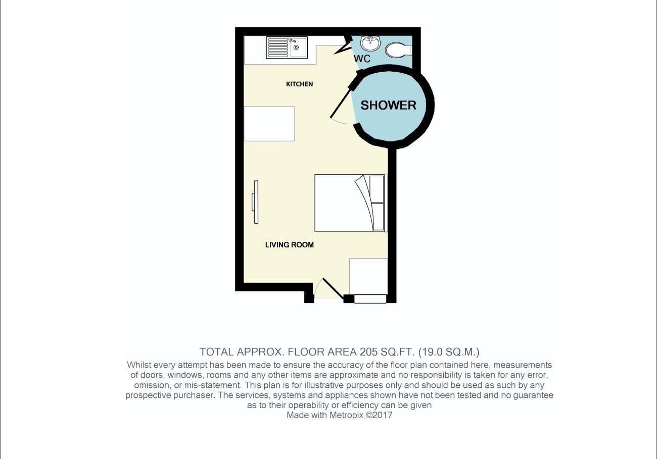 A floor plan of a 2-bedroom apartment with a kitchen, living room, and bathroom, totaling approximately 205 square feet.