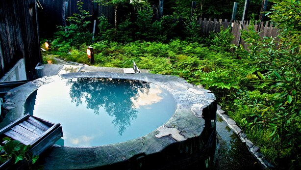 A circular hot tub surrounded by lush greenery and a wooden fence. - Spa Lodge Redwood Inn (Takayama)