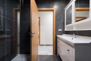Combined shower/bathtub, hair dryer, towels