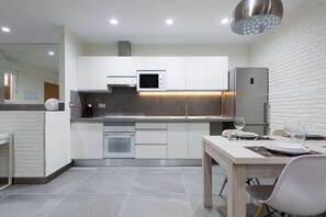 Fridge, microwave, oven, espresso maker