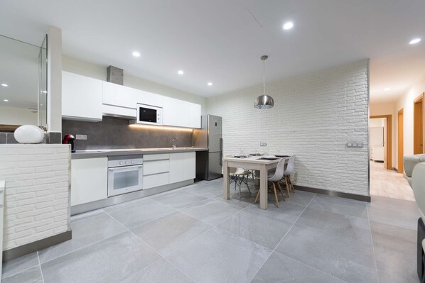 Fridge, microwave, oven, espresso maker