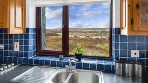 Una cocina con vista a un paisaje verde, un lavamanos y una planta en maceta en el alféizar.