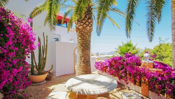 Un jardin agrémenté d’une table en pierre, de cactus et de fleurs d’un rose éclatant.