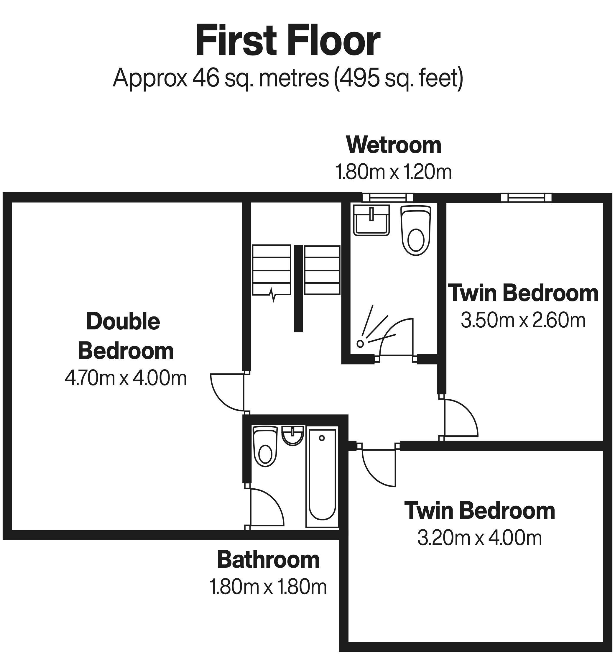 A first-floor floor plan with a double bedroom (4.70m x 4.00m), two twin bedrooms (3.50m x 2.60m and 3.20m x 4.00m), a wetroom (1.80m x 1.20m), and a bathroom (1.80m x 1.80m).