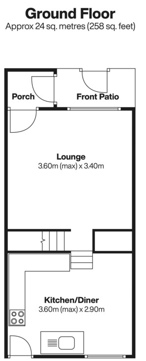 Un agencement au rez-de-chaussée comprenant un porche, un patio à l’avant, un salon et une cuisine/salle à manger ouverte.