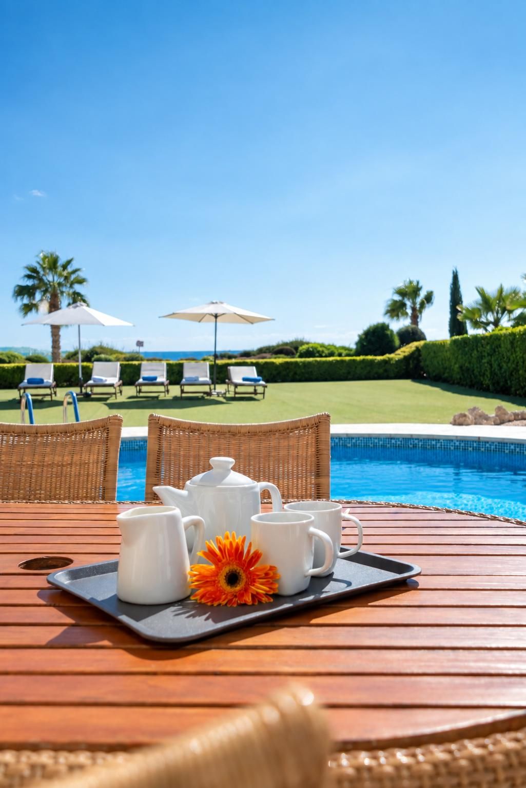 Ein Tisch am Pool mit weißen Kaffeetassen, einem Teekessel und einer Schale mit einer Blume, mit Blick auf einen Pool mit Liegestühlen und Sonnenschirmen.