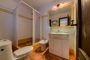 Shower, hair dryer, bidet, towels