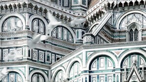 A detailed architectural facade with arched windows and decorative patterns.