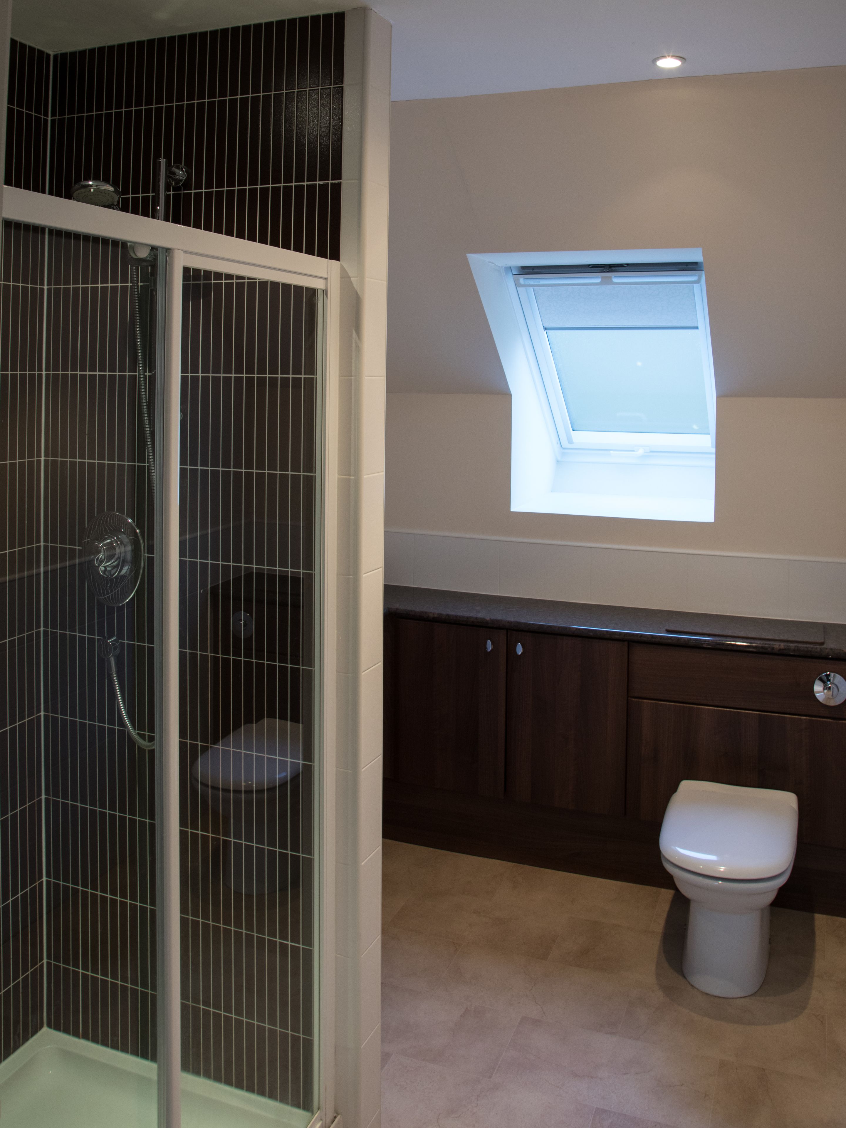 Un bagno con cabina doccia, servizi igienici e un lucernario.