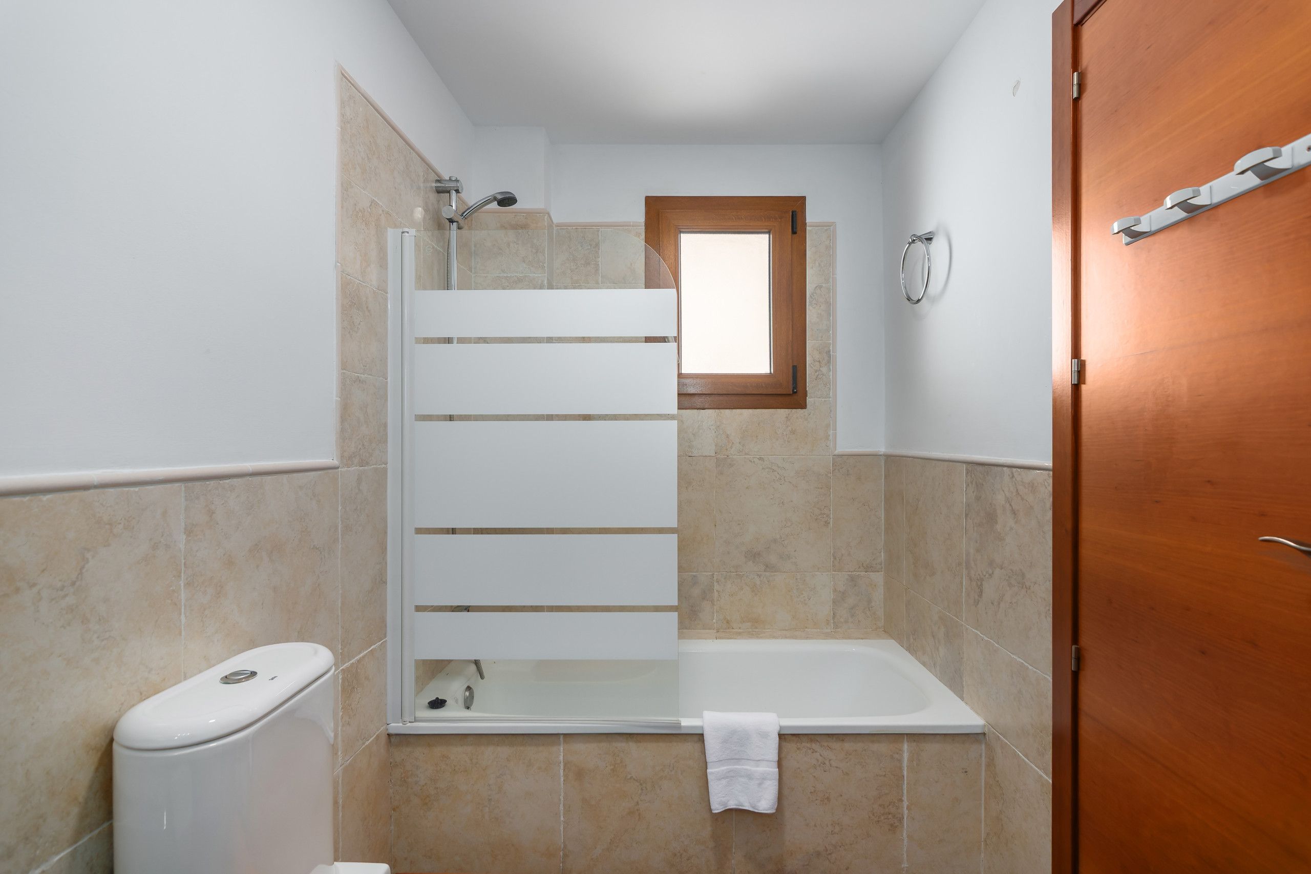 A bathroom with a shower, toilet, and a wooden door.