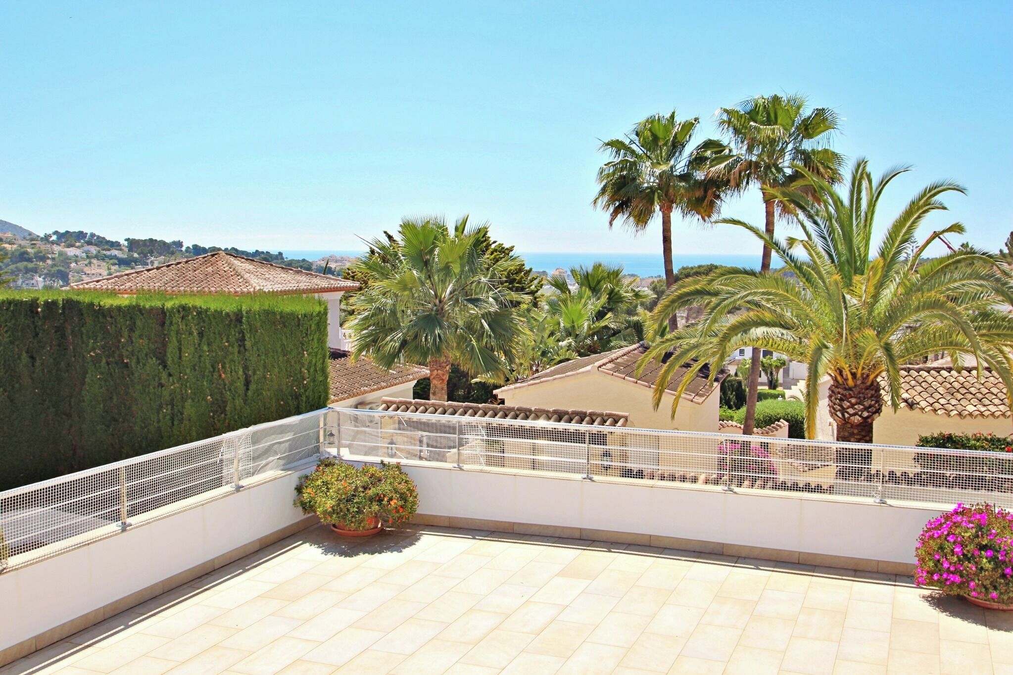 A rooftop terrace with a view of the sea, palm trees, and a neatly trimmed hedge.