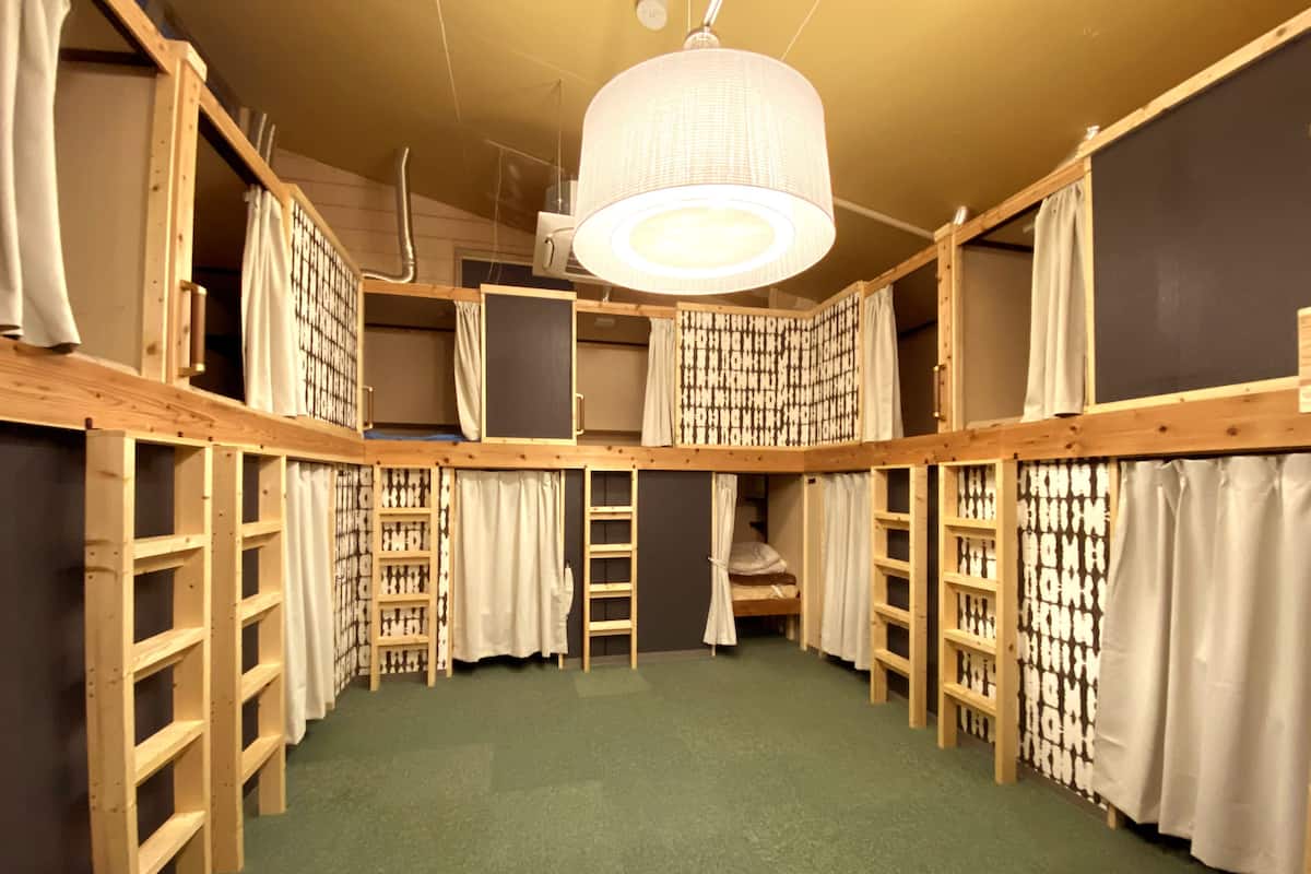 Una habitación con alfombra verde, estanterías de madera y una lámpara colgante.