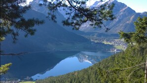 A mountainous landscape with a lake, dense forest, and a small settlement.
