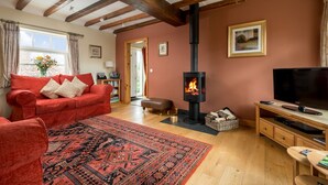 Un salon chaleureux avec un canapé rouge, un tapis à motifs, un téléviseur et un poêle à bois.
