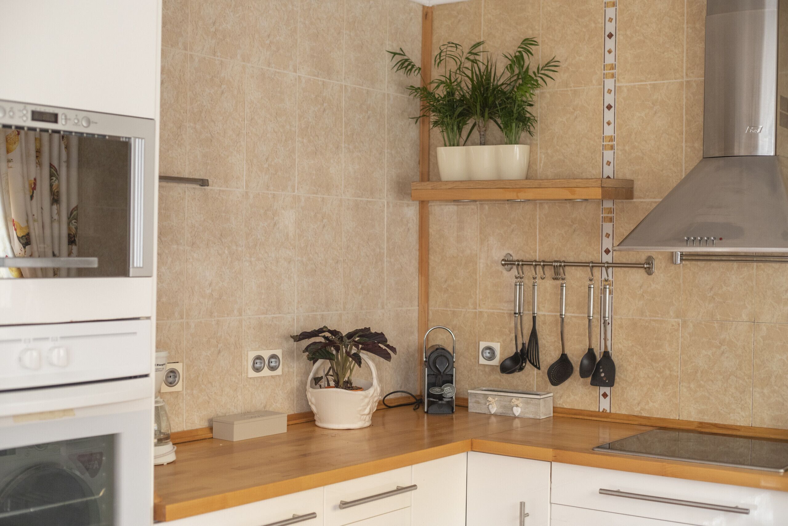 Eine moderne Küche mit Einbauofen, Spüle und Dunstabzugshaube aus Edelstahl. Es gibt eine Holz Arbeitsplatte, einen Blumentopf und eine Reihe von Küchenutensilien, die an der Decke hängen.