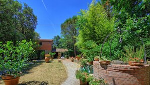 A garden with a gravel path, potted plants, and a brick wall. - Villa Elisa - Vacation rental with swimming pool near Cortona, Tuscany (Cortona)