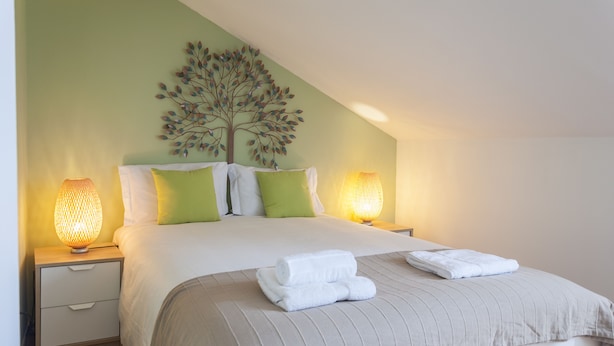 A neatly made bed with white linens and green pillows, two bedside lamps, and a wall-mounted tree decoration. - Contemporary by Apartments Alfama (Lisbon)