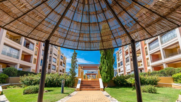 Un espacio exterior cubierto con una escalera central que conduce a la entrada de un edificio, rodeado de vegetación y un cielo despejado.
