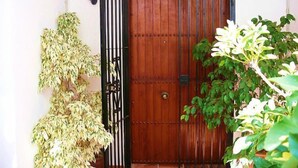 Une porte en bois avec un portail en métal, un luminaire fixé au mur et deux plantes en pot.