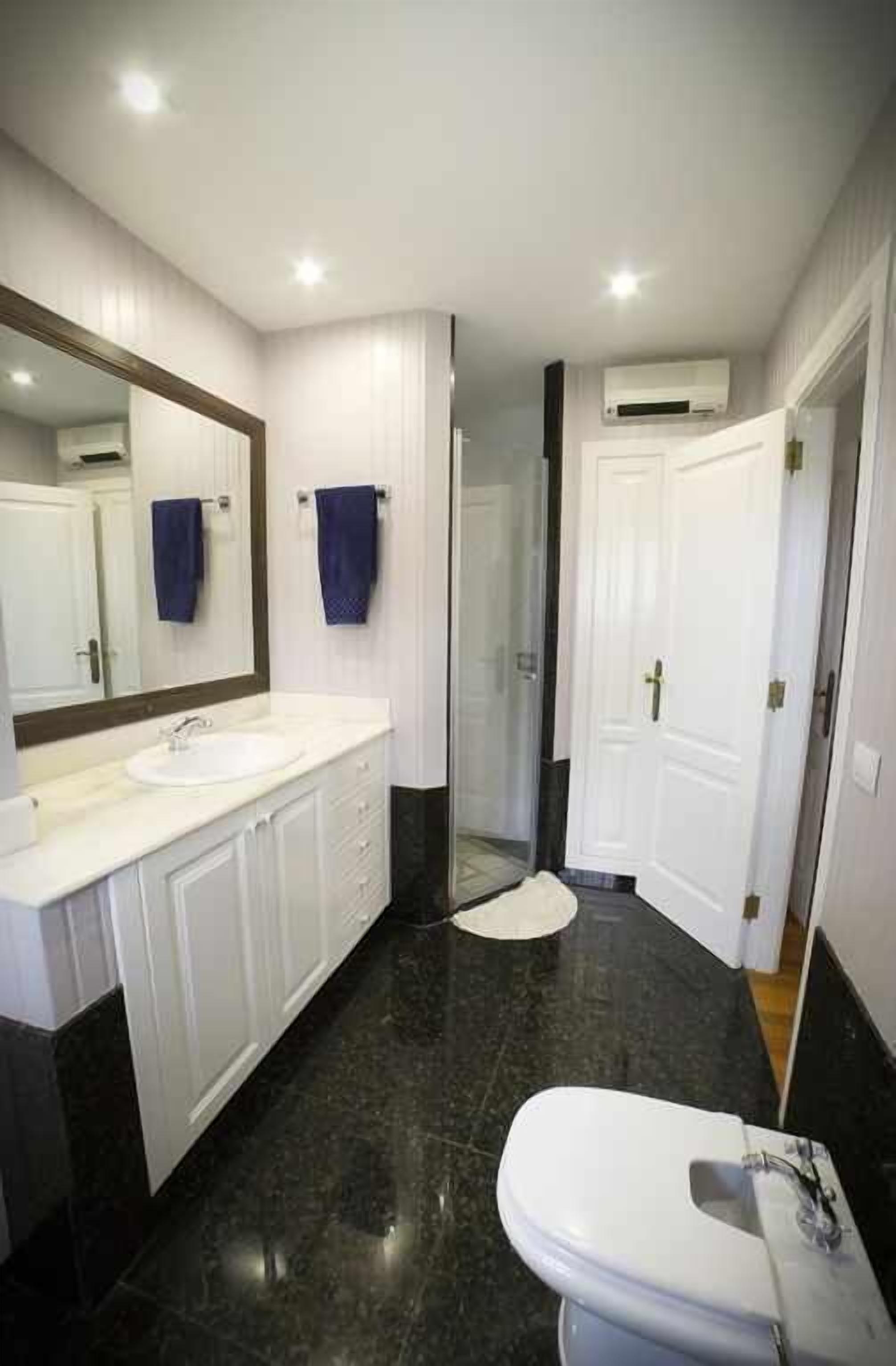 Une salle de bain moderne avec un meuble-lavabo blanc, un grand miroir et des toilettes séparées.