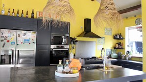 Une cuisine avec un mur jaune, des appareils électroménagers en acier inoxydable et un luminaire suspendu.
