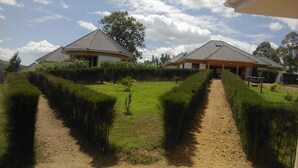 A pathway leading to a house with a sloped roof and a well-maintained lawn. - The Crested Crane Bwindi (Kyesero)