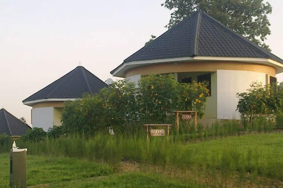 Two round buildings with dark roofs, surrounded by greenery and signs indicating 'ZEBRA' and 'BEAR'.