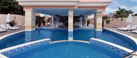 Seasonal outdoor pool, pool umbrellas, pool loungers