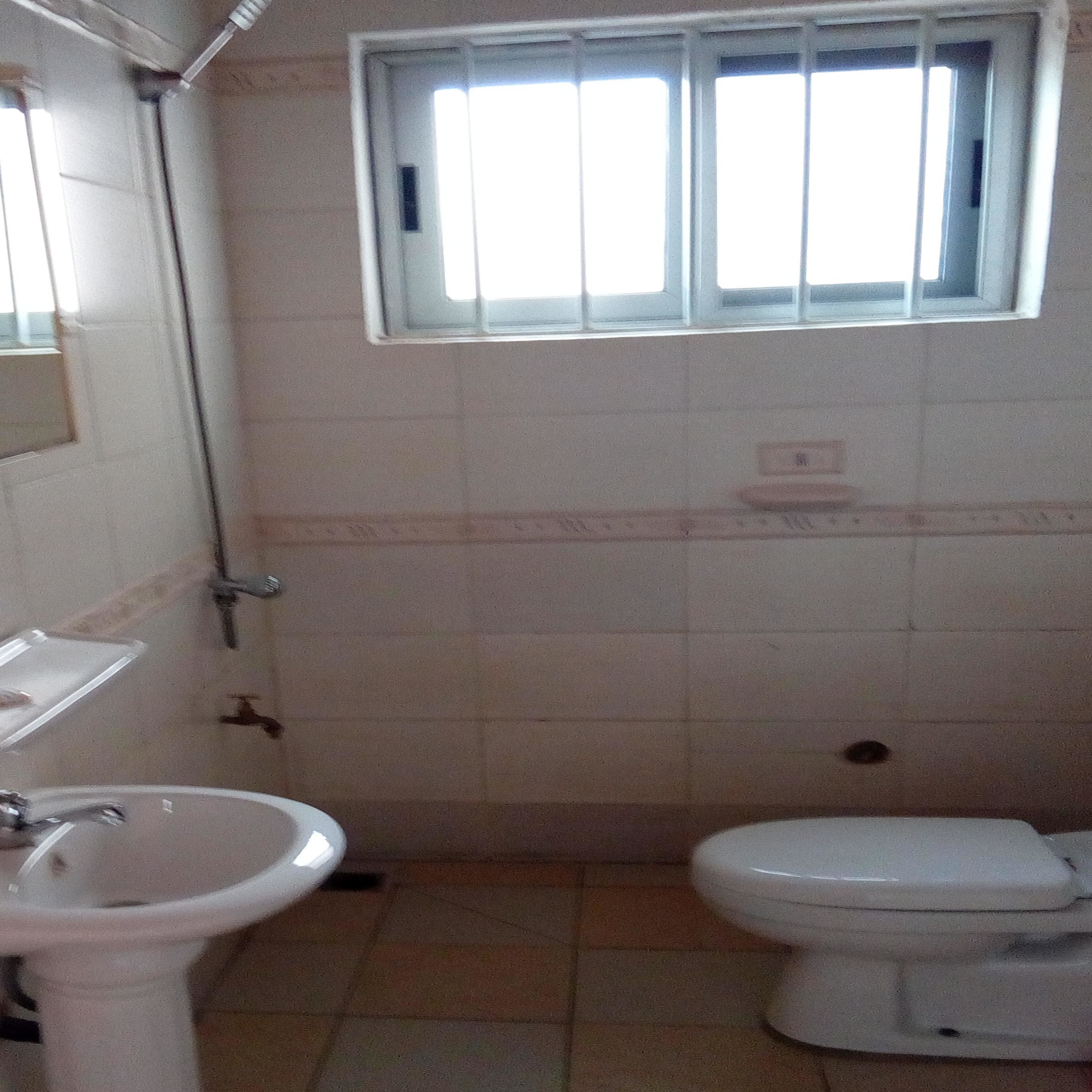 A bathroom with a toilet, sink, and a window.