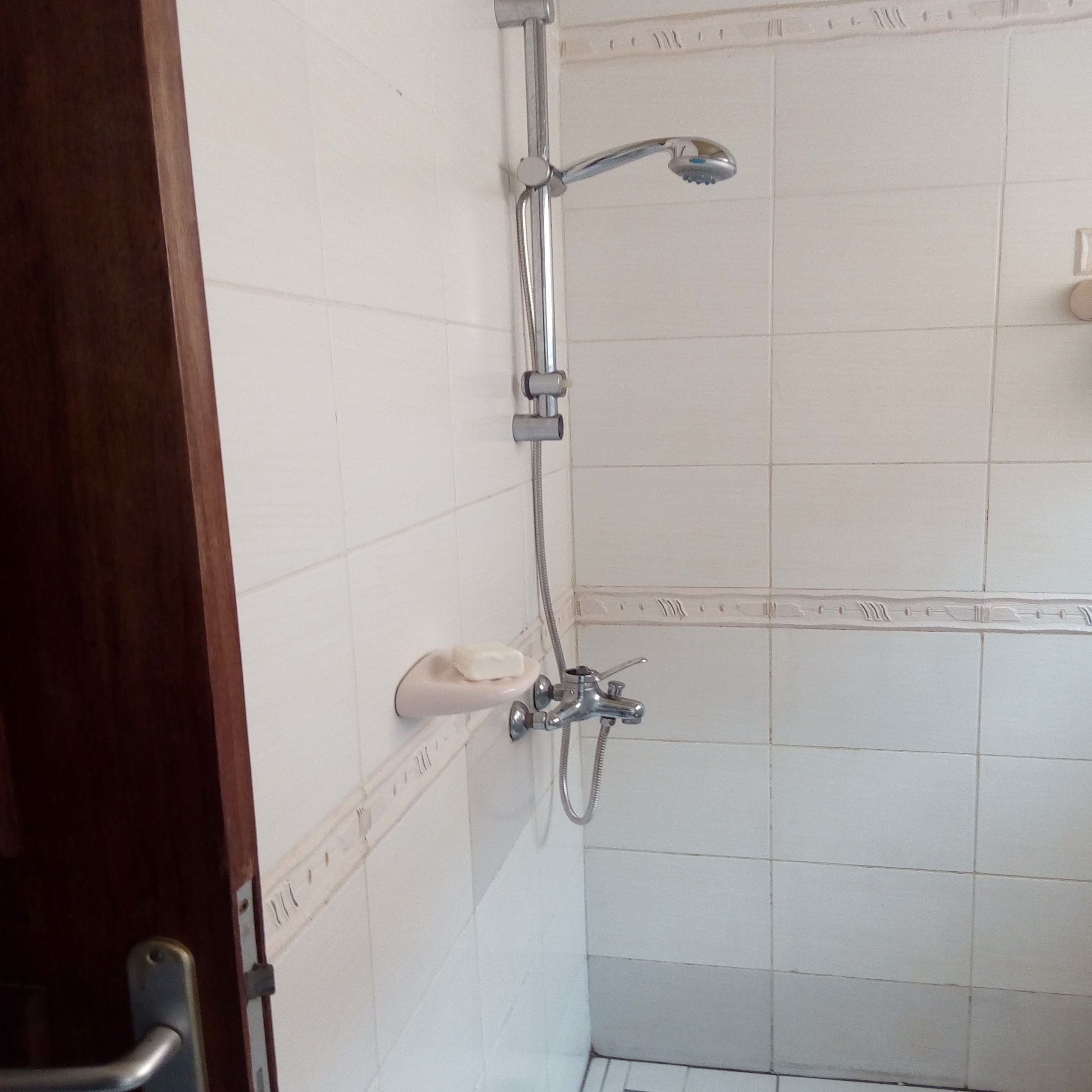 A shower with a handheld showerhead and a wall-mounted faucet.